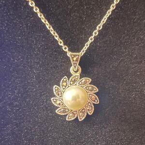 Faux Pearl Marcasite Silver Tone Pendant Necklace